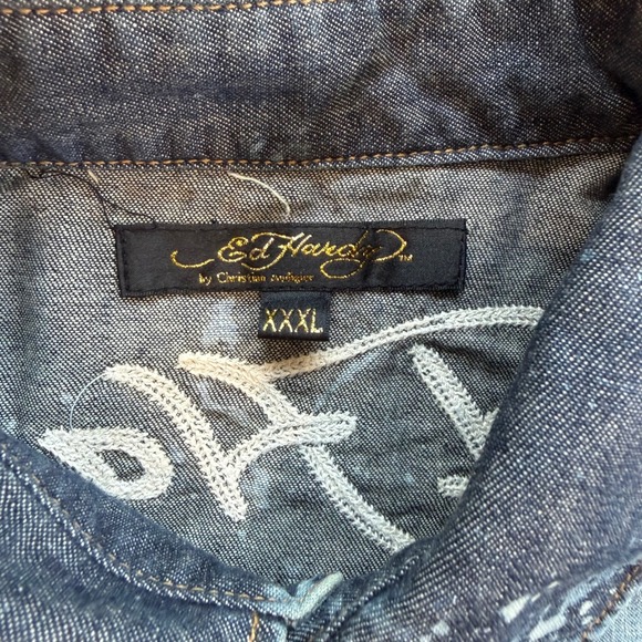 Ed Hardy Mens XXXL Acid Wash Denim Sleeveless Shirt Dead or Alive Skull Blue - Picture 3 of 11